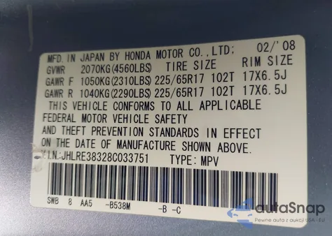 2008 Honda Cr-V Lx from USA, damaged, VIN JHLRE38328C033751